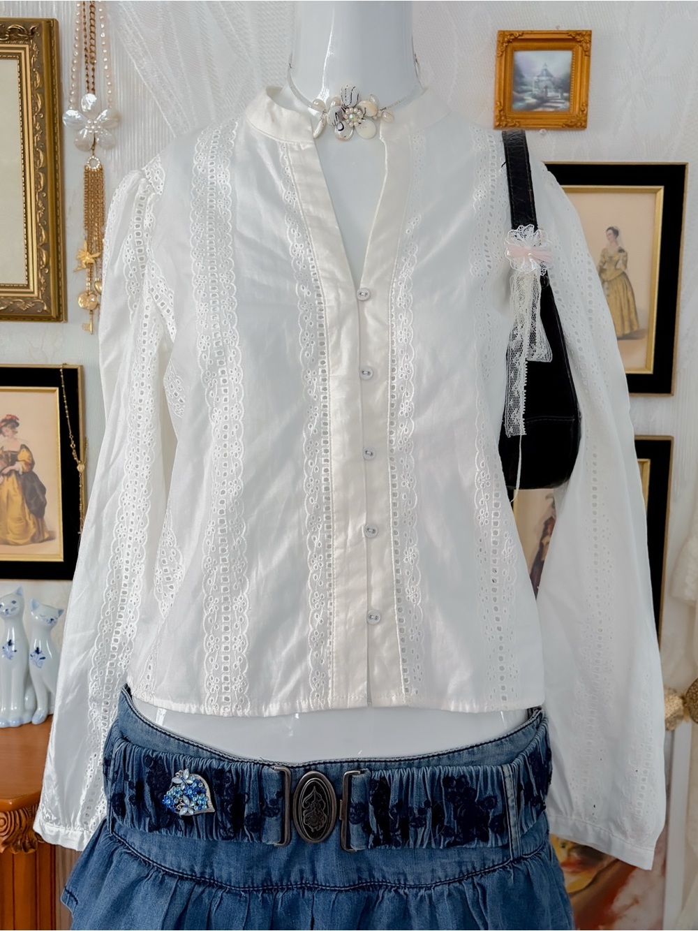 Cottage coastal boho casual girly embroidered eyelets cotton button blouse